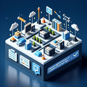3D voxel art depicting online commercial cleaning survey concept on a dark blue background.