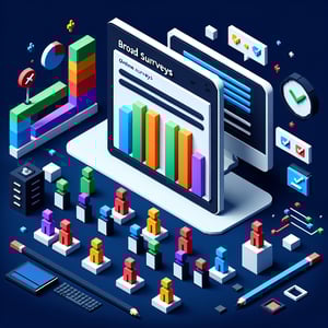 3D voxel art depicting online surveys and questions on a dark blue background.