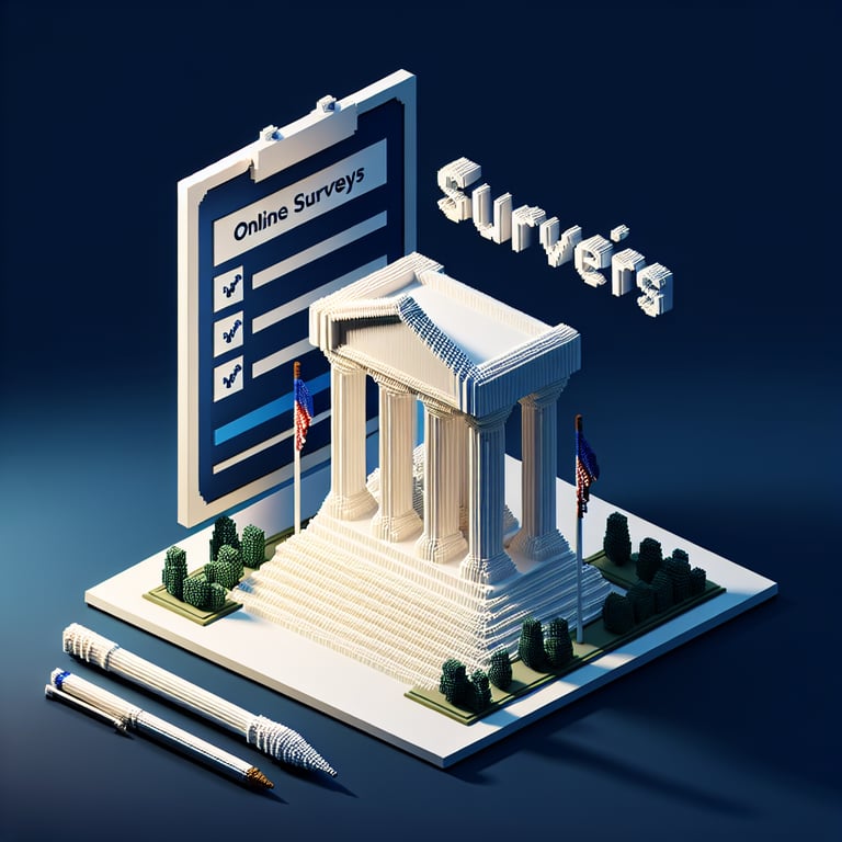 3D voxel art depicting online surveys related to Donald Trump on a dark blue background.