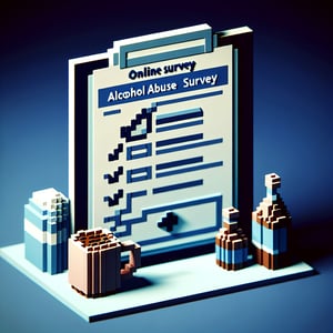 3D voxel art depicting online surveys on a dark blue background, symbolizing alcohol abuse surveys.