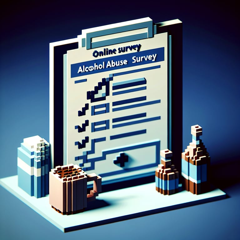 3D voxel art depicting online surveys on a dark blue background, symbolizing alcohol abuse surveys.
