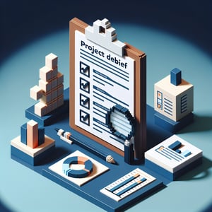 3D voxel art depicting online surveys with a dark blue background, symbolizing project debrief questions.