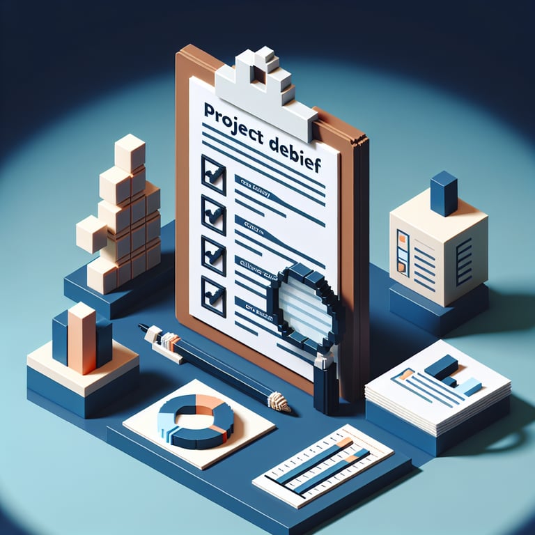 3D voxel art depicting online surveys with a dark blue background, symbolizing project debrief questions.