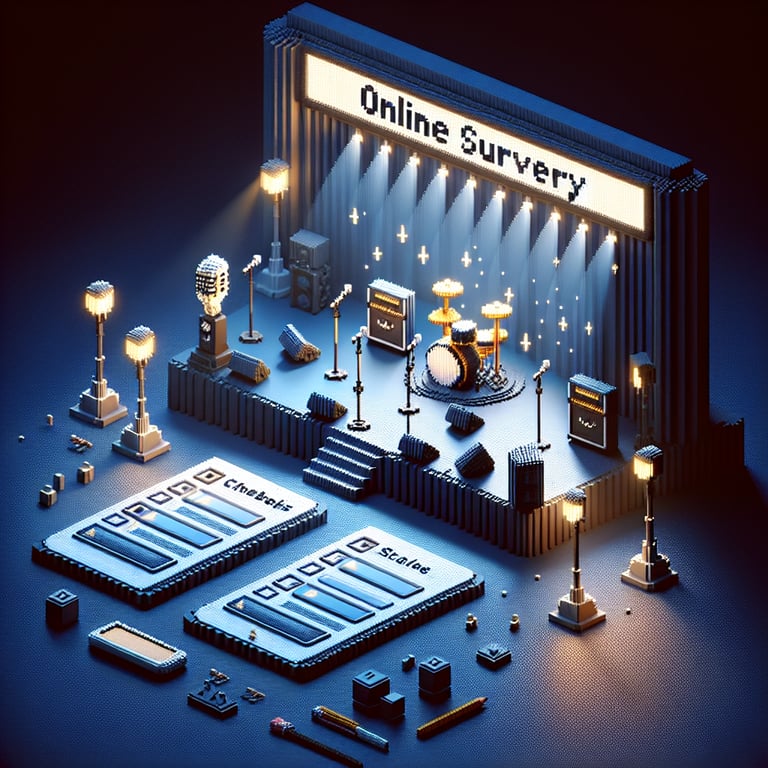 3D voxel art depicting online concert survey concept on a dark blue background.