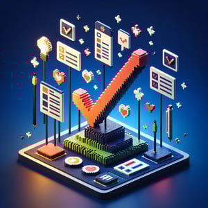 3D voxel art depicting the concept of online surveys on a dark blue background.