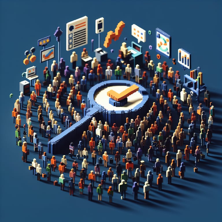 3D voxel art illustrating superintendent search community survey with dark blue background.