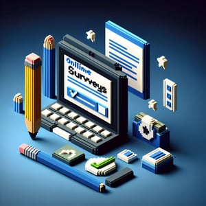 3D voxel art depicting online teacher surveys against a dark blue background.