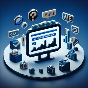 3D voxel art depicting the concept of online attitude surveys on a dark blue background.