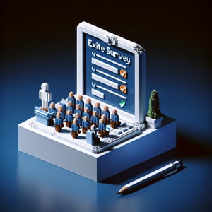 3D voxel art depicting online employee exit survey concept on a dark blue background.
