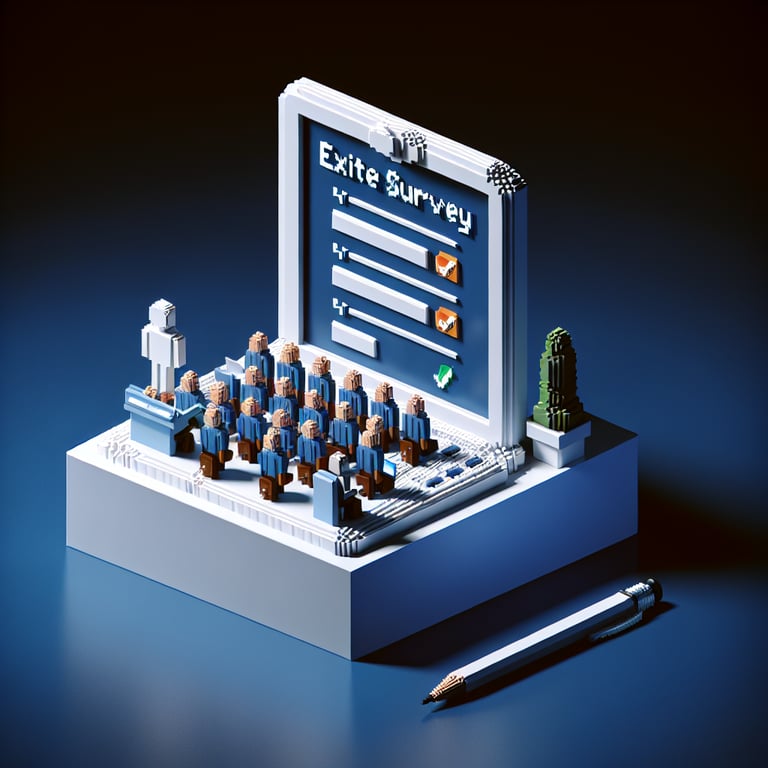 3D voxel art depicting online employee exit survey concept on a dark blue background.