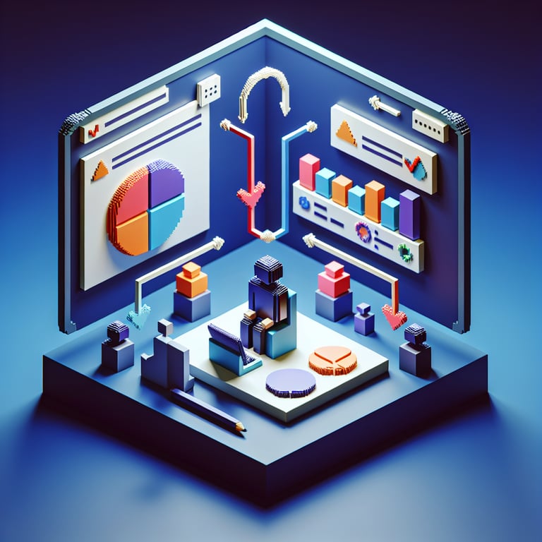 3D voxel art depicting online surveys, symbolizing candidate feedback survey questions.