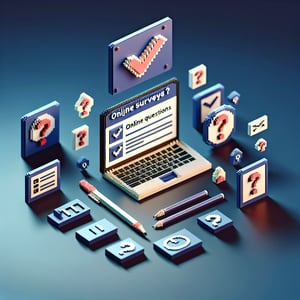 3D voxel art depicting the concept of online surveys, set against a dark blue background.
