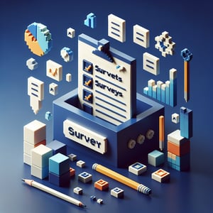 3D voxel art depicting online event surveys against a dark blue background.