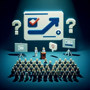 3D voxel art illustrating the concept of online surveys, set against a dark blue background.