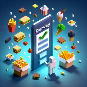 3D voxel art depicting an online survey on junk food against a dark blue background.