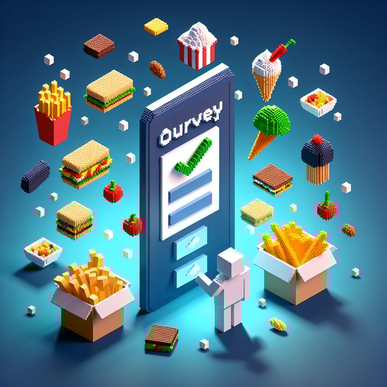 3D voxel art depicting an online survey on junk food against a dark blue background.