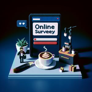 3D voxel art depicting online surveys concept, suitable for coffee shop survey landing page, on a dark blue background.
