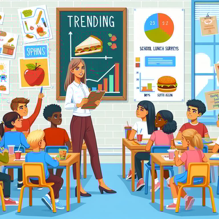 Illustration of trending topics explored in School Lunch survey questions.