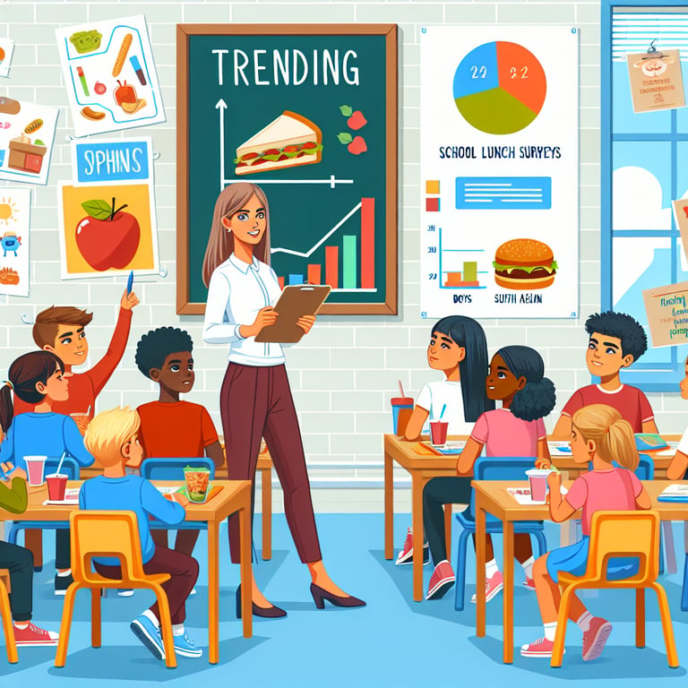 Illustration of trending topics explored in School Lunch survey questions.