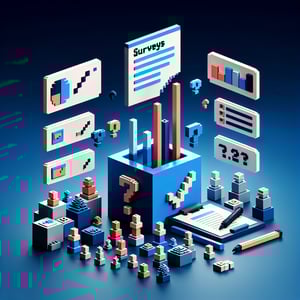 3D voxel art depicting online lab surveys against a dark blue background.