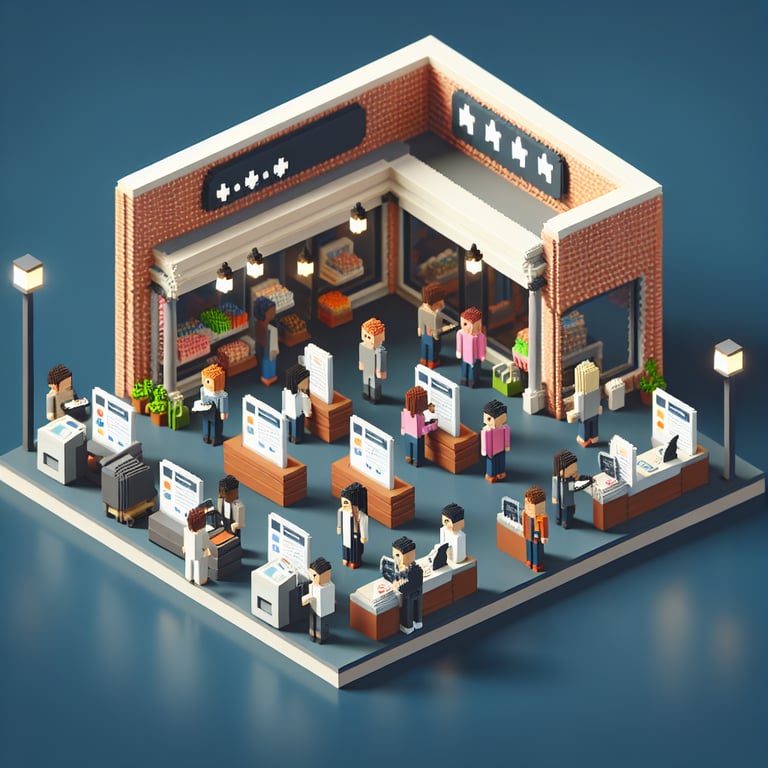3D voxel art depicting the concept of bricknmortar store customer service surveys on a dark blue background.