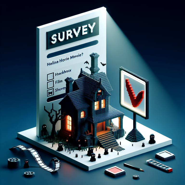 Artistic 3D voxel depiction of a spooky horror film questionnaire.