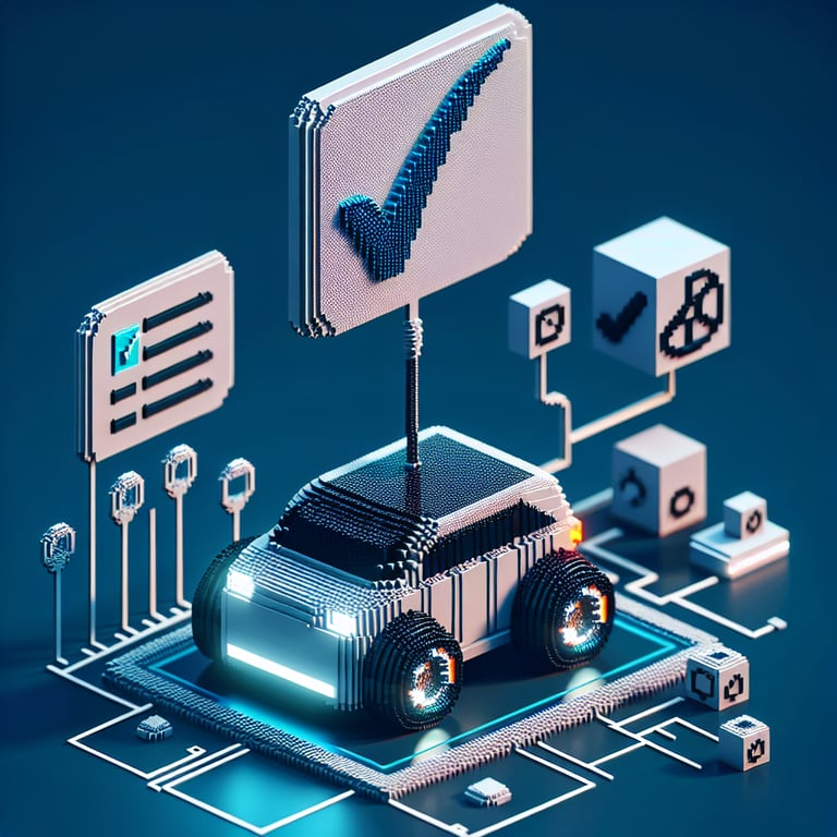 3D voxel art depicting online surveys with a focus on driverless car queries on a dark blue background.