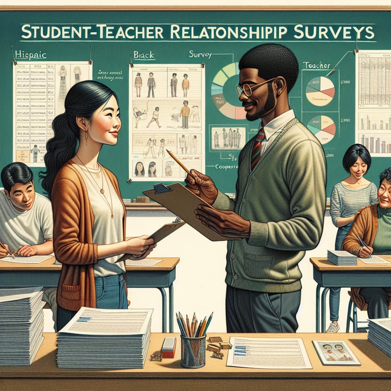 Illustration depicting various topics in Student Teacher Relationship survey questions.