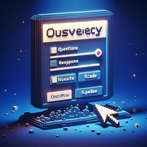 3D voxel art depicting online surveys, emphasizing confidence measurement scale, on a dark blue background.