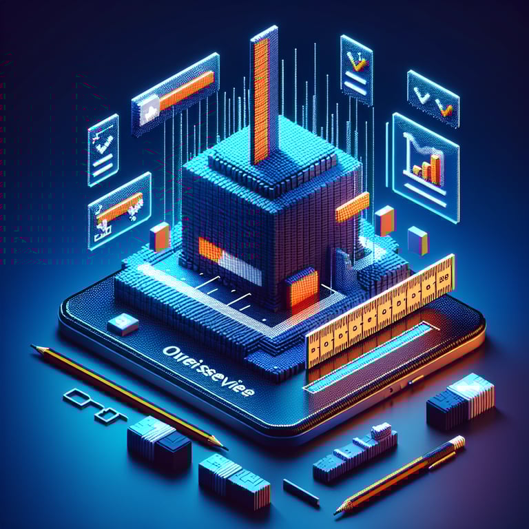 3D voxel art depicting online height surveys with a dark blue background.