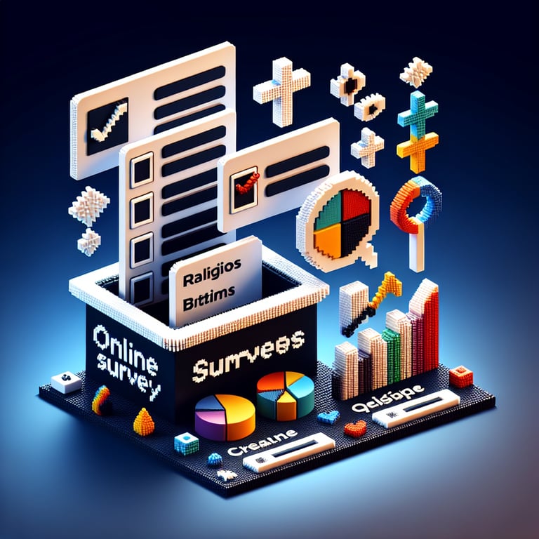 3D voxel art depicting online religious affiliation surveys on a dark blue background.