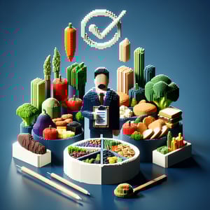 3D voxel art depicting online surveys for vegetarians and non-vegetarians on a dark blue background.