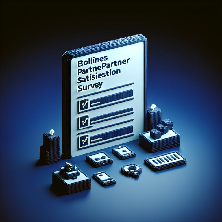 3D voxel art depicting the concept of online business partner satisfaction surveys on a dark blue background.