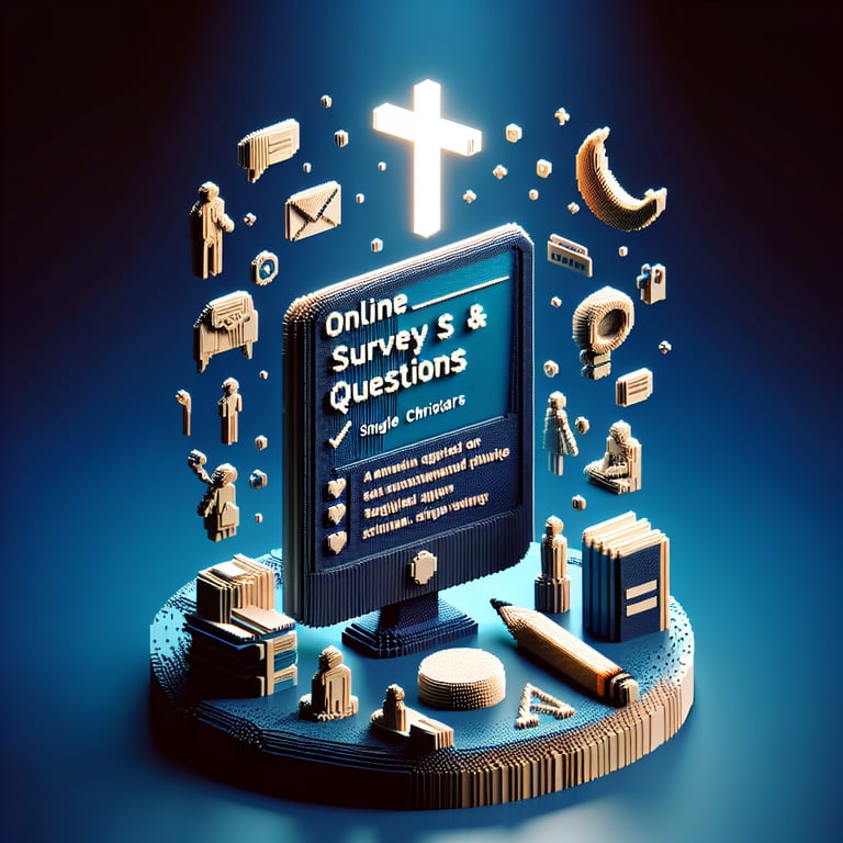 3D voxel art depicting online surveys for single adult Christians on a dark blue background.