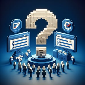 3D voxel art depicting online surveys related to social media with yes or no options on a dark blue background.