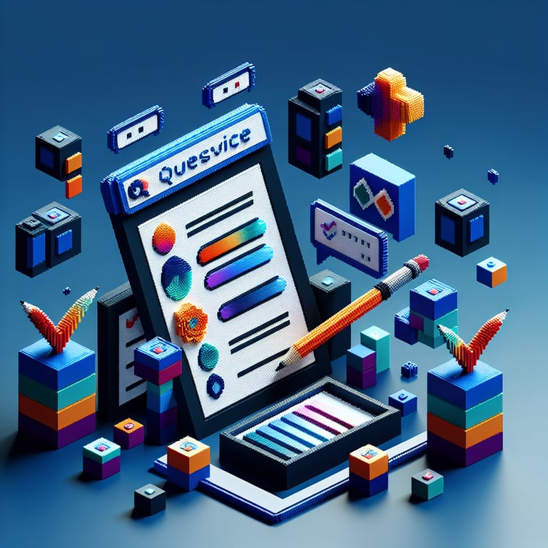 3D voxel art depicting online surveys, symbolizing grade survey questions on a dark blue background.