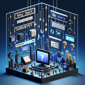 3D voxel art depicting the concept of ignoring online survey questions on a dark blue background.