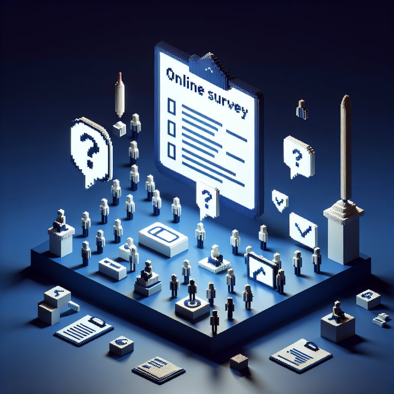 3D voxel art depicting online surveys, with a dark blue background, aimed at graduate students.