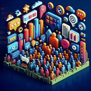 3D voxel art depicting online social skills survey, with a dark blue background.