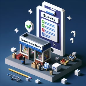 3D voxel art depicting online convenience store surveys on a dark blue background.