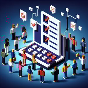 3D voxel art depicting online customer surveys, featuring engaging elements on a dark blue background.