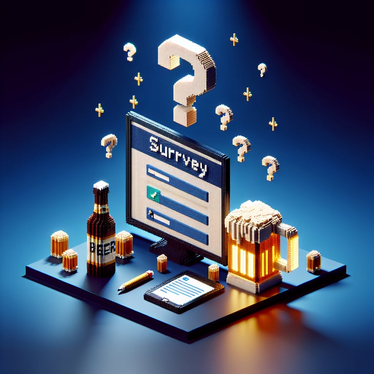 3D voxel art depicting online beer surveys, featuring survey icons against a dark blue background.