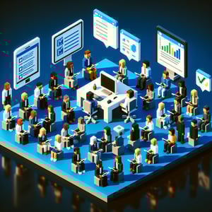 3D voxel art depicting online survey concept, symbolizing employee engagement satisfaction queries.