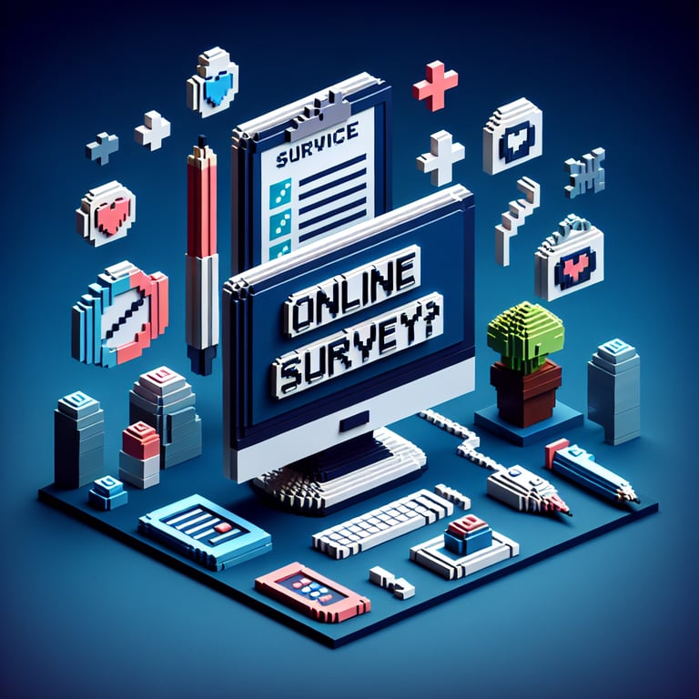 3D voxel art depicting online clinic surveys against a dark blue background.