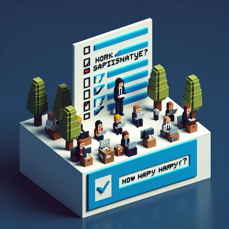 3D voxel art depicting the concept of workplace happiness surveys, set against a dark blue background.