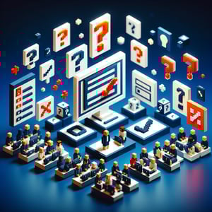 3D voxel art depicting online surveys with a dark blue background, suitable for survey question companies.