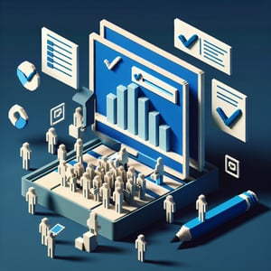 3D voxel art depicting online event evaluation surveys on a dark blue background.