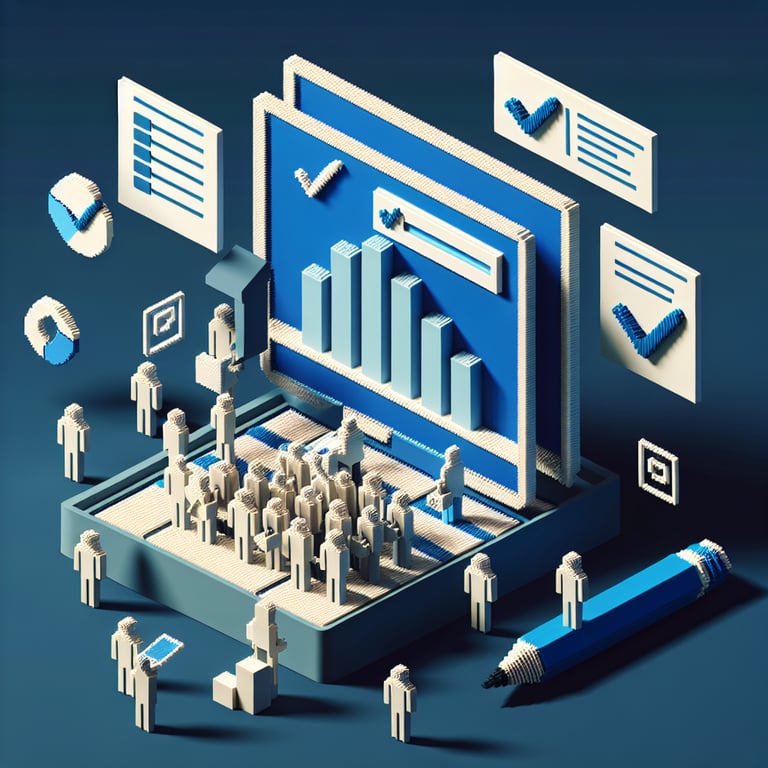 3D voxel art depicting online event evaluation surveys on a dark blue background.