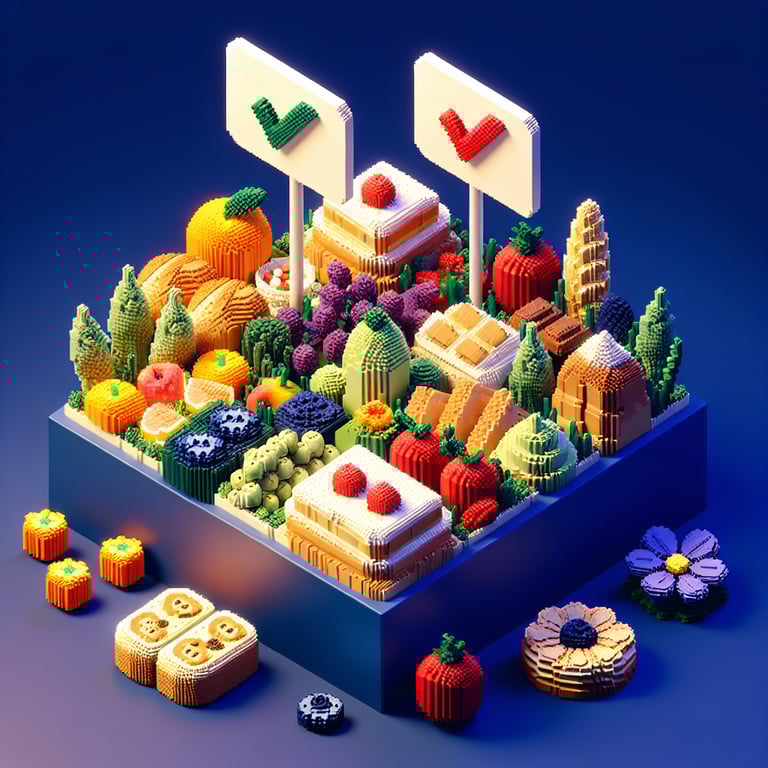 3D voxel art depicting online surveys related to the food industry on a dark blue background.