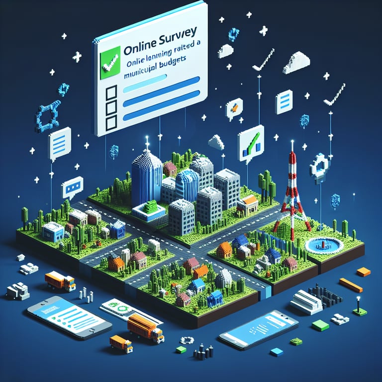 3D voxel art depicting online municipal budget surveys with a dark blue background.